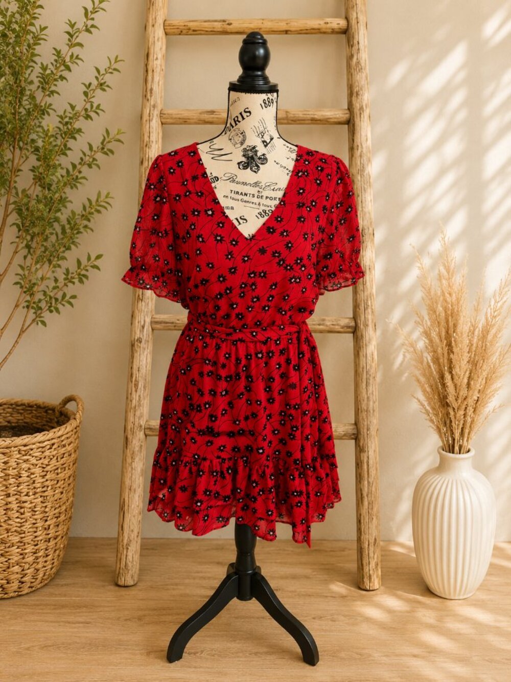 Express Red Floral Faux Wrap Mini Dress | Tie Waist | Size M